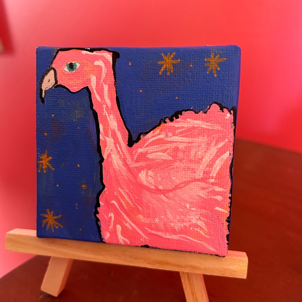 Original One Of A Kind Pink Flamingo Acrylic Painting w/Easel